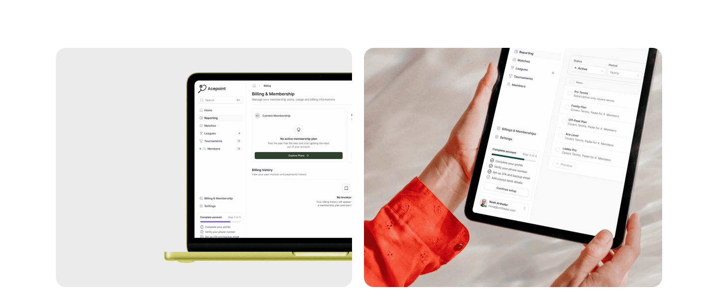 AcePoint membership and club settings screens