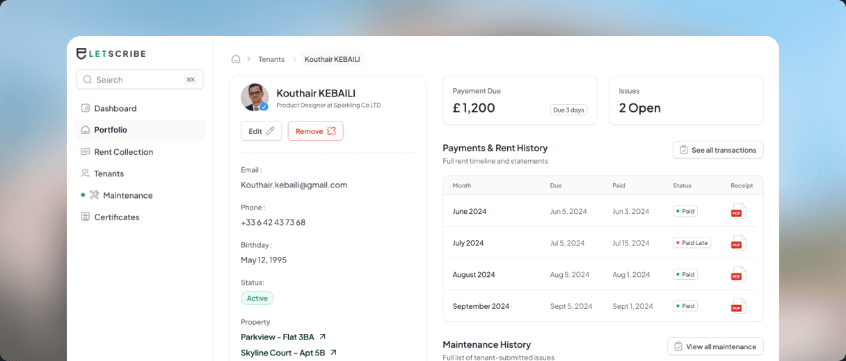 LetScribe property management dashboard