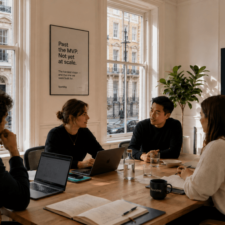 A founder reviewing product metrics at a desk